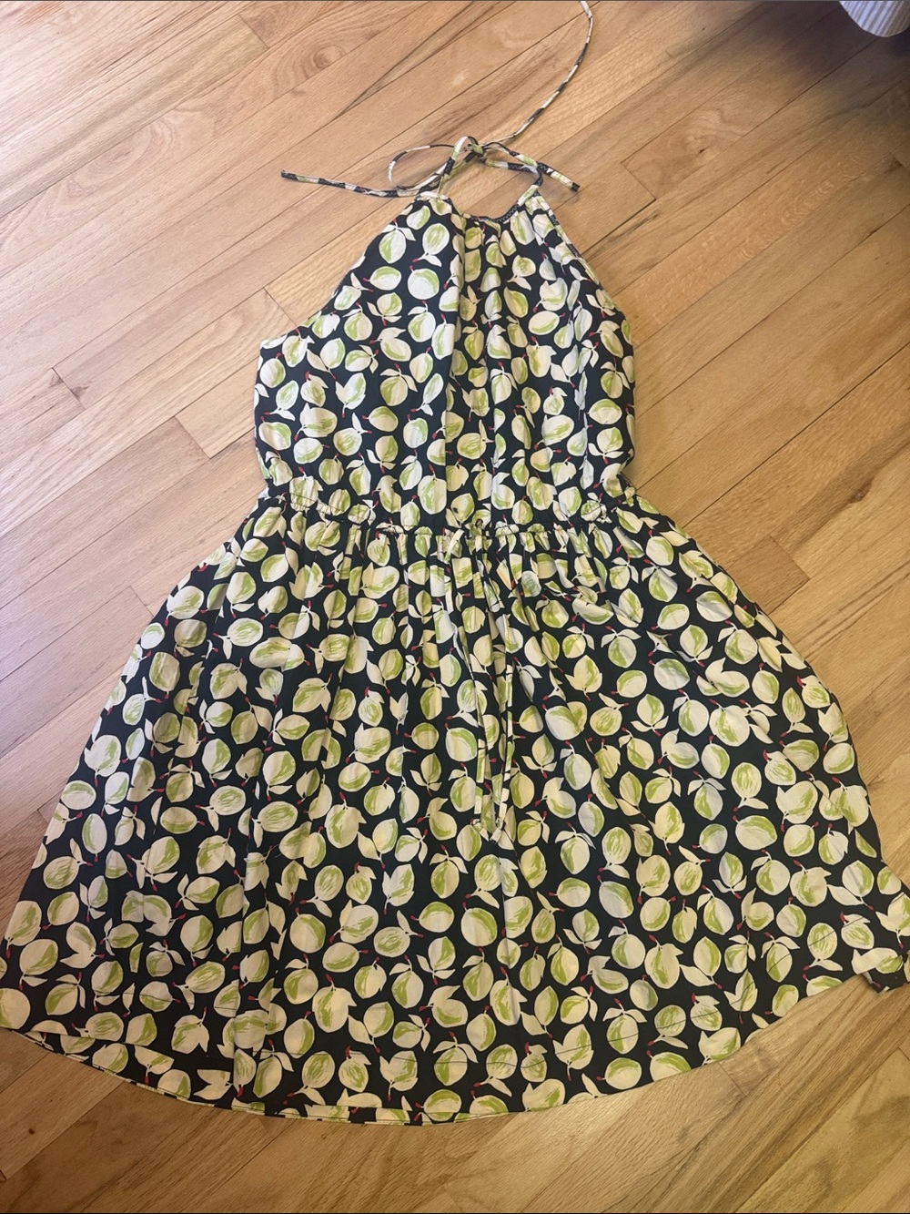 J. Crew Black Halter Dress with Yellow-Green Fruit Print